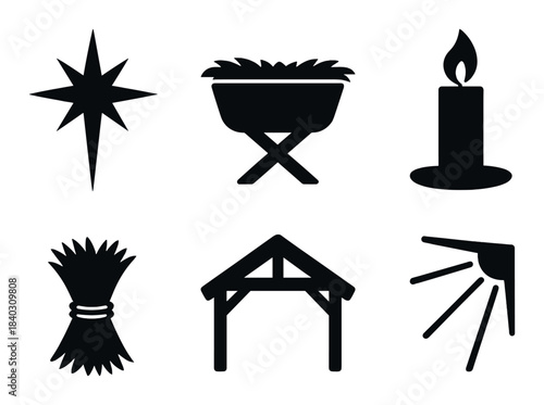 Silhouette nativity symbols: star, manger, candle, sheaf, stable, light rays