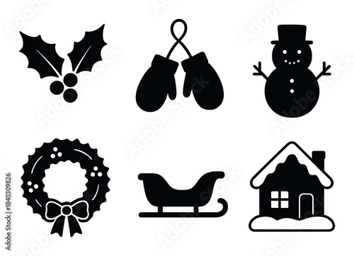 Festive winter icons: holly, mittens, snowman, wreath, sleigh, snowy house