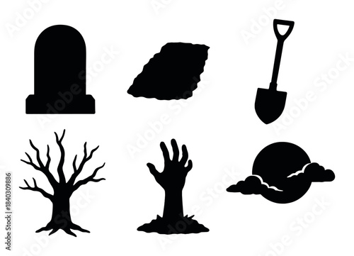 Creepy halloween silhouettes: grave, shovel, and spooky tree in darkness