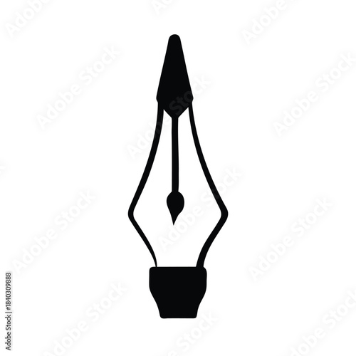 Black silhouette of a classic fountain pen nib icon symbolizing writing design and creative artistry