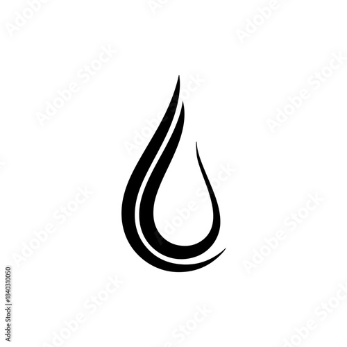 Stylized black abstract water drop or flame icon with dynamic internal lines, representing liquid purity, energy, and motion symbol design isolated on transparent background