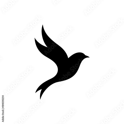 Simple stylized black silhouette of a soaring bird with outstretched wings, conveying notions of freedom, peace, and hope. isolated on transparent background