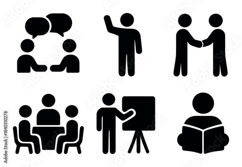 Silhouette icons of people communicating and learning in various interactions
