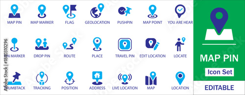 Navigation and Map Pin Icon Set for Location UI and Route Infographics