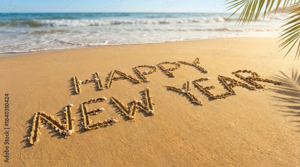 Fototapeta premium highlighted happy new year summer beach sand background with copy space stock photo background ready for text or design overlay