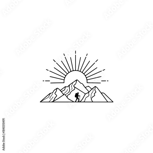 Outline illustration of a lone hiker with a backpack and trekking pole ascending majestic mountains under a radiating sun. isolated on transparent background