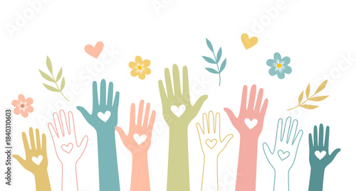 Raised hands of volunteer people holding a heart. People diversity. Charitable and donation. Support and assistance. Multicultural community. NGO. Aid. Help. Volunteerism.Teamwork. Banner