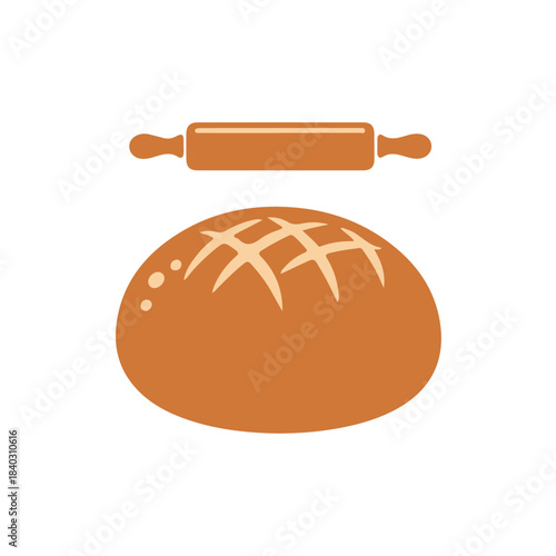 Isolated illustration of a rustic loaf of bread with score marks and a wooden rolling pin above on a white background isolated on transparent background
