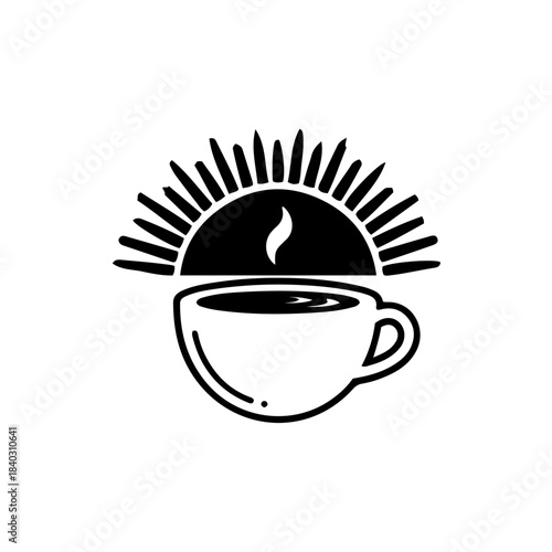 Stylized sun rising over a coffee cup, symbolizing morning energy and the start of a new day, perfect for cafes isolated on transparent background