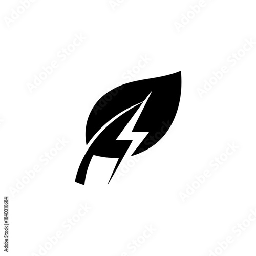 Isolated black leaf symbol with a lightning bolt integrated into its shape representing eco-friendly energy and innovation isolated on transparent background