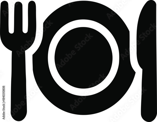 This graphic features a minimalist design of a plate, fork, and knife, symbolizing dining and culinary experiences. The black silhouette style represents elegance and simplicity, making it suitable fo