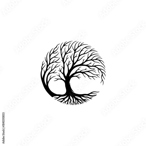 Stylized black tree of life silhouette with intricate branches and roots forming a circular emblem on a white background. isolated on transparent background