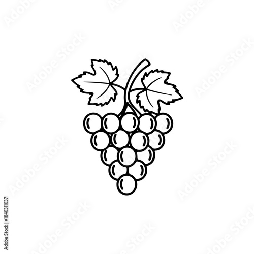 Simple black and white line drawing of a cluster of grapes with two leaves and a stem, isolated on white background isolated on transparent background