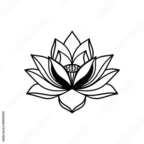 Elegant black and white stylized lotus flower outline illustration isolated on white background, symbol of purity and enlightenment. isolated on transparent background