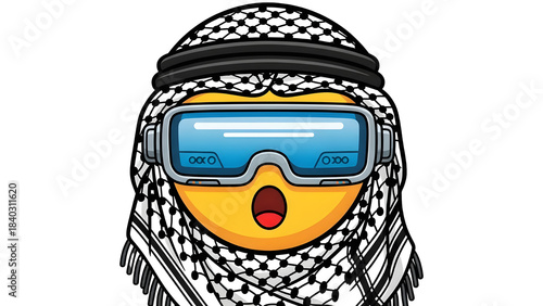Surprised Arab Emoji wearing VR headset and traditional Keffiyeh isolated on white