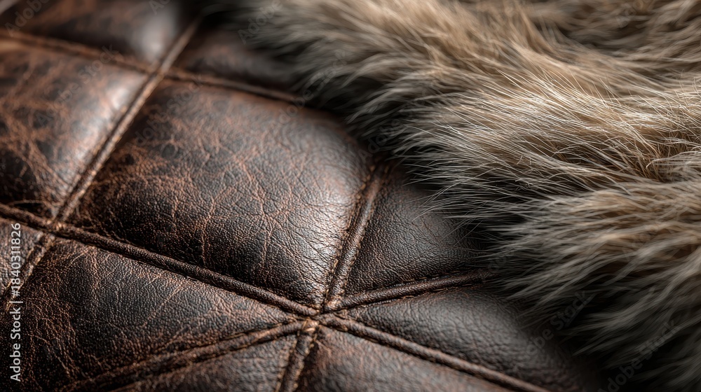 Naklejka premium Brown leather with diamond stitching and soft fur trim detail. Use for backgrounds, textures, or promoting luxury products.