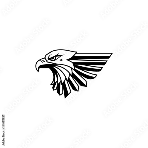 Stylized graphic illustration of an eagle head with a sharp gaze and powerful wing details, in a dynamic black and white vector art style. isolated on transparent background
