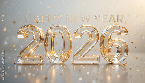 A golden greeting card design for a happy New Year celebration with winter snow and a star symbol