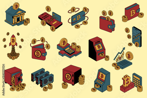 Crypto Icons Pattern with Bitcoin Wallets, ATM, and Mining