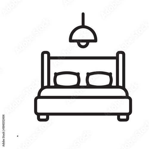 Black and white outline icon of a bed with pillows and a hanging lamp, representing sleep, comfort, and bedroom furniture