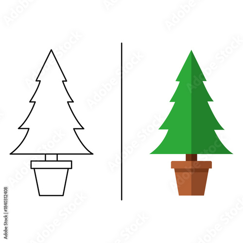 Potted Christmas tree illustration  A minimalistic depiction of a potted Christmas tree presented in both outlined and colored versions, suitable for holiday-themed design.