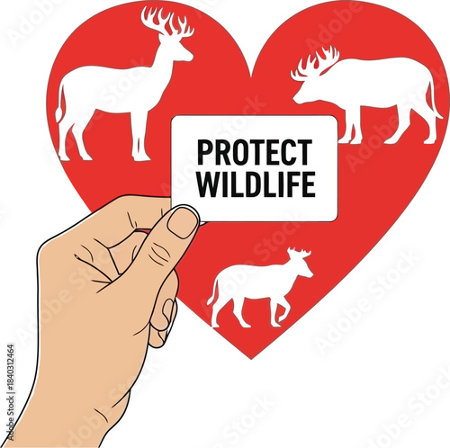 Hand holding a sign urging action to protect endangered deer and bison species within a large red heart symbol