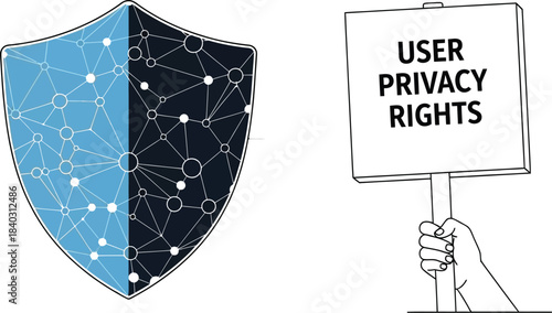 Digital data security shield stands beside a hand holding a sign demanding user privacy rights in a conceptual illustration of cybersecurity advocacy