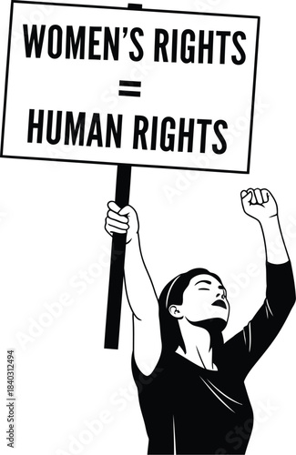 Determined woman raises a fist in solidarity while holding a protest sign declaring women's rights are human rights in stark black and white vector art