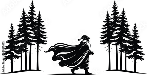 Silhouette of a determined santa claus walking through a snowy pine forest with his large cape dramatically flowing behind him
