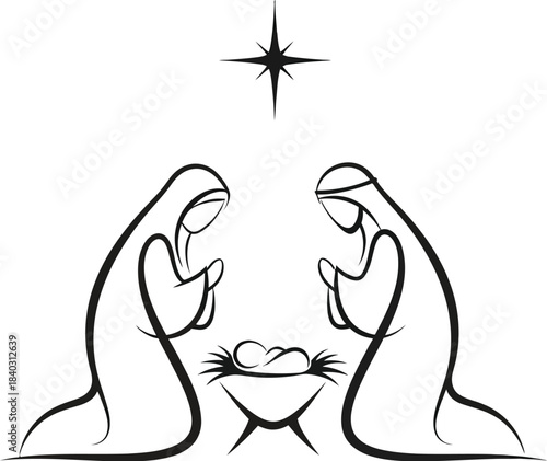 Minimalist nativity scene line art with baby and star