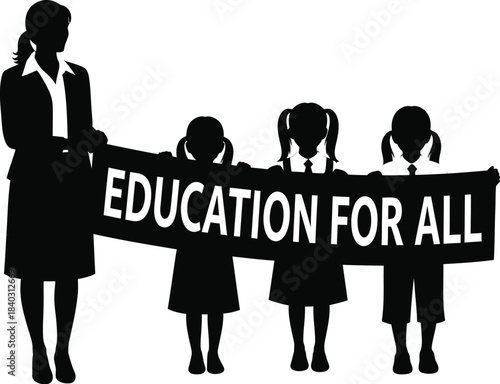 Silhouette of a teacher standing with schoolchildren holding a banner advocating for universal access to education and equal opportunity