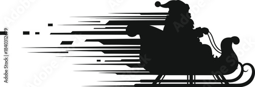 Black silhouette graphic of santa claus riding a fast moving sleigh creating motion blur effect against a white background for christmas