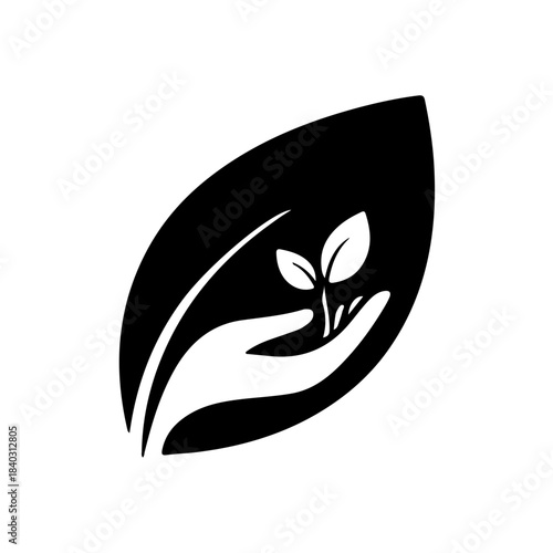 Hand tenderly holding a plant sprout, integrated within a stylized leaf, symbolizing ecological responsibility and future growth. isolated on transparent background