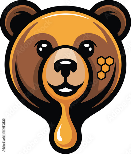Friendly bear head mascot logo design vector illustration with honey dripping down from mouth concept