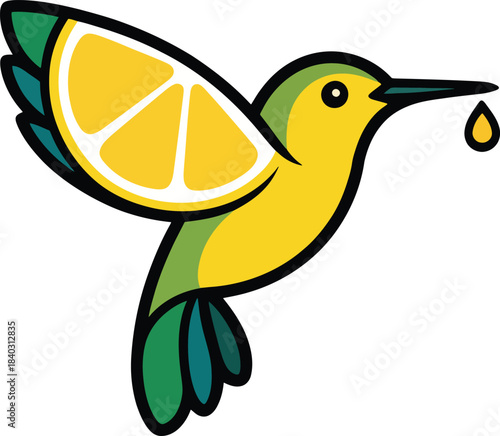Flying hummingbird with lemon slice wing tropical bird juice drop logo vector illustration graphic design element.