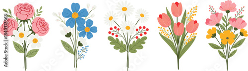 Cute Flower Bouquet Floral Arrangement Flat Vector Set