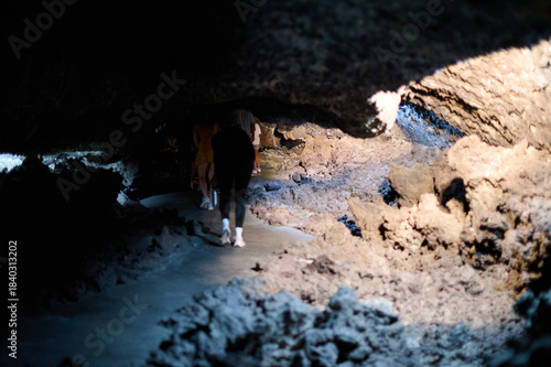 Inside the stunning Cueva de los Verdes lava tube, an illuminated geological wonder and tourist attraction, Lanzarote, Spain