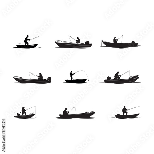 Black Color Fisherman on Boat Silhouette Premium Vector Illustration, Solid White Background.