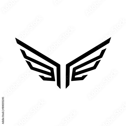 Abstract symmetrical geometric stylized wing logo design element. modern black emblem symbol representing speed, power, freedom. isolated on transparent background