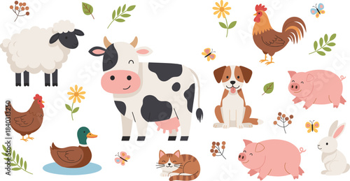 Cute Farm Animals Collection: Sheep, Cow, Pig, Chicken, Duck, Dog, and Cat Vector Set