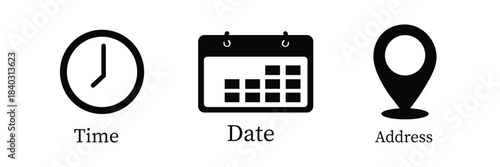 Address time date icons set. Address location icon. Stopwatch timer icon. Date Calendar icon. Black line and flat web icons.