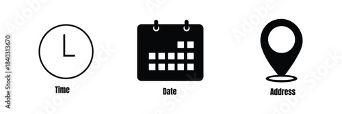 Address time date icons set. Address location icon. Stopwatch timer icon. Date Calendar icon. Black line and flat web icons.