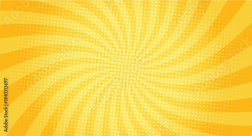 Yellow Swirling Spiral Comic Background - Pop Art Vortex with Halftone Dots. Ideal for creative flyers, product backgrounds, retro-themed digital content, and eye-catching marketing materials.