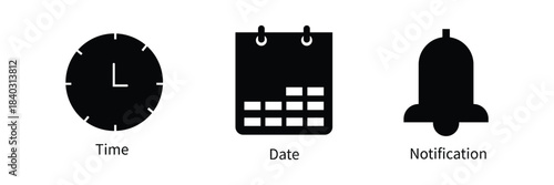 Address time date icons set. Address location icon. Stopwatch timer icon. Date Calendar icon. Black line and flat web icons.