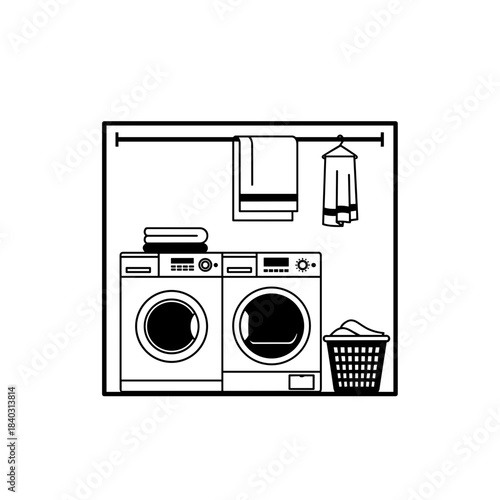 Flat pseudo-vector illustration of a laundry room with a washer, dryer, and laundry basket. "Ultra Clean Home" concept.