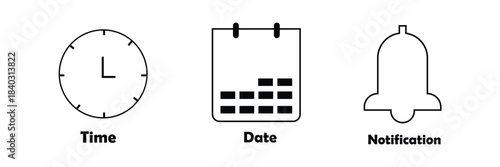 Address time date icons set. Address location icon. Stopwatch timer icon. Date Calendar icon. Black line and flat web icons.