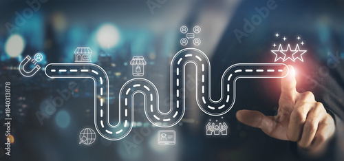 Experiential marketing strategy, customer engagement. Hand guides customer journey path, illustrating attraction, engagement, purchase, interaction and satisfaction across seamless digital touchpoints