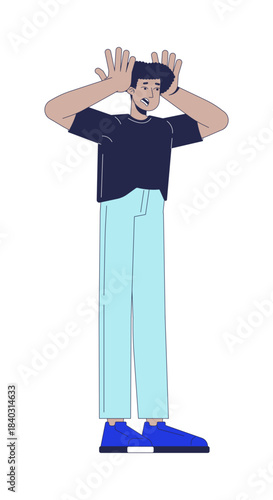 Frustrated latino man head clenching in stress 2D cartoon character. Mental overload reaction. Anxious hispanic guy overwhelmed flat vector person isolated on white. Spot illustration colorful