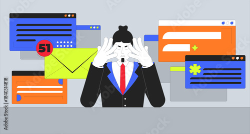 Stressed businessman overwhelmed by UI notifications 2D illustration concept. Digital overload. Urgent tasks. Modern work cartoon conceptual abstract vector art. Flat metaphor on color background