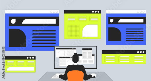 UX designer at workstation 2D illustration concept. Multitasking user. User experience design. Digital workspace computer cartoon conceptual abstract vector art. Flat metaphor on color background
